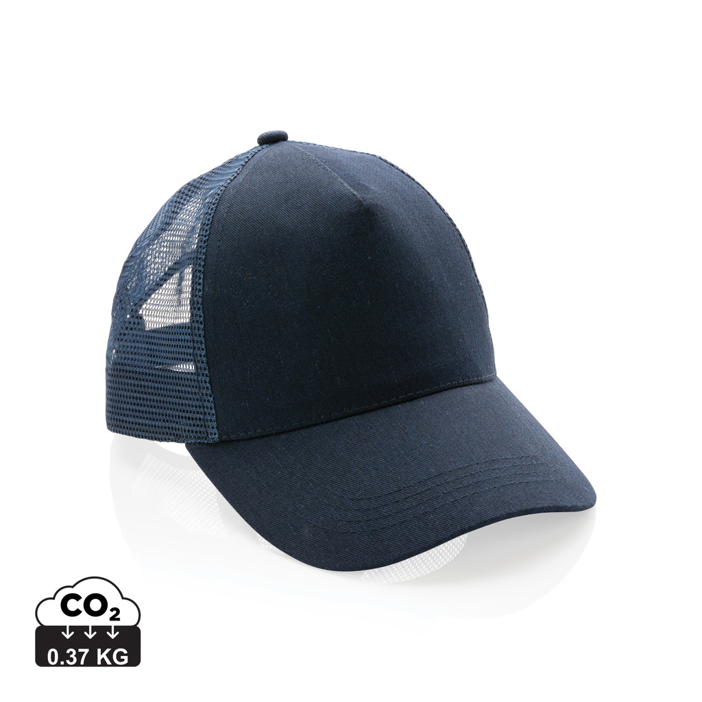 Casquette trucker personnalisée coton recyclé 5 pans Impact Bleu marine